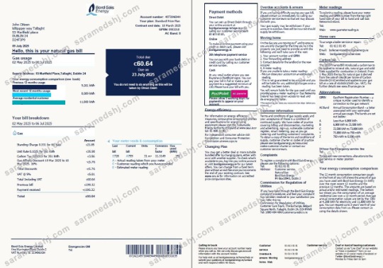 Ireland Bord Gáis Energy utility bill template in Word and PDF formats, 2 pages, version 2